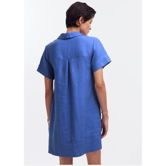 MADEWELL Linen Shirt Dress S NWT Blue Star V-Neck NEW Shift Pockets NQ627 - Picture 3 of 5